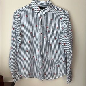 Banana Republic Blue Striped Shirt with Red Strawberry Detail